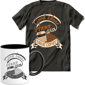 T-Shirtknaller T-Shirt met Koffiemok | Good Ideas Start With Coffee - Koffie Kleding | Heren / Dames Shirt met Mok Cadeau | Kleur grijs | Maat M