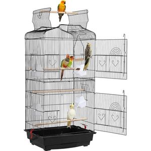 Papegaaienkooi - Parkietenkooi - Grote Vogelkooi voor Binnen - Inclusief Speelgoed - Met Badhuis - 46x36x105cm - Zwart