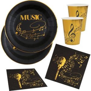 Muziek feest wegwerp servies set - 10x bordjes / 10x bekers / 20x servetten - goud/zwart