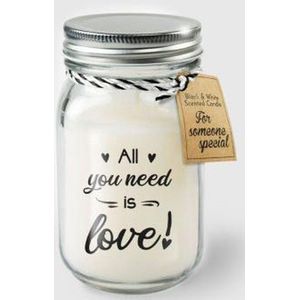 Kaars - All you need is love! - Lichte vanille geur - In glazen pot - In cadeauverpakking met gekleurd lint