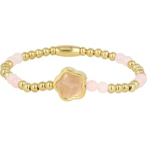 *My Bendel - Gouden armband met Rozenkwarts edelsteen - Gouden kralenarmband met bloemenbedel van Rozenkwarts - Met luxe cadeauverpakking