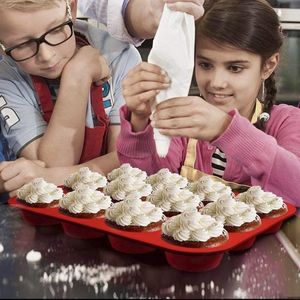 Muffinplaat van siliconen voor 12 muffins BPA-vrij anti-aanbaklaag muffin vorm cupcake bakplaat brownies bakvorm muffinbakplaat rood