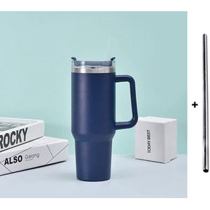 Thermosbeker met handvat inclusief metalen rietje - 1.2L - Blauw - RVS beker - Travel cup - Mug to go - Thermosbeker - Drinkbeker to go - Thermosfles