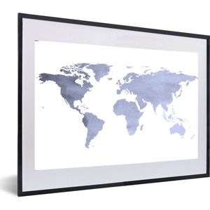Fotolijst incl. Poster - Wereldkaart - Blauw - Grijs - 60x40 cm - Posterlijst