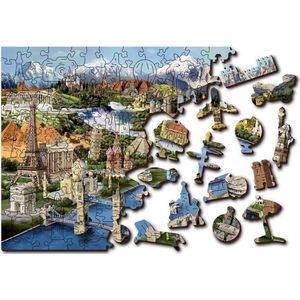 Wooden City Wereld Bezienswaardigheden XL - Houten Vormpuzzel - 52x38 cm - 600 stukjes