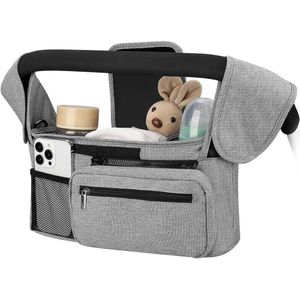 Universele kinderwagen organizer - kinderwagen ophangtas - kinderwagen tas organizer accessoire - kinderwagen accessoire - met geïsoleerde bekerhouder - verwijderbare telefoonzak en schouderband - grijs
