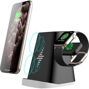 DrPhone DualStation – 2 In 1 Dockingstation – Anti Slip – Met Pennenbakje - Overcharge Protection – Geschikt voor IOS Telefoon Met Magnetische Ring / IOS Smartwatch - Zwart
