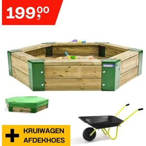 Hörby Bruk® Zandbak Bundel 150 - Inclusief Zwarte Kruiwagen + Zandbak hoes - 100% FSC Hout - 10 Jaar Hout Garantie- Zandbak Hout - Speeltoestel buiten - Zandbak speelgoed - Zandbak kind - LxBxH 150 x 150 x 15 cm - Zandbak Speelgoed