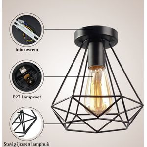 SensaHome MX89130-1 Plafondlamp Zwart - Industrieel Plafonnière van Metaal - Retro Wire Design - 22x22cm - E27 40W - Exclusief Lichtbron