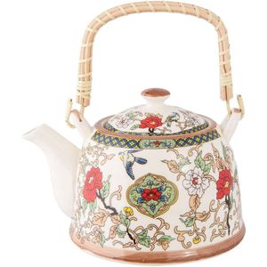 Clayre & Eef Theepot met Filter 700 ml Beige Rood Keramiek Rond Bloemen Theekan