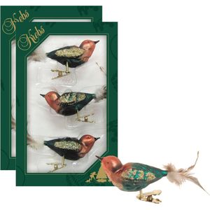 6x stuks luxe glazen decoratie vogels op clip groen/bruin 11 cm - Decoratievogeltjes - Kerstboomversiering