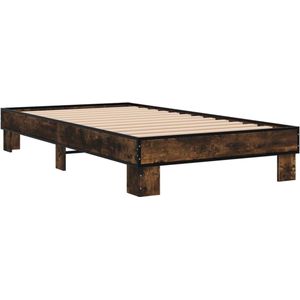 vidaXL - Bedframe - bewerkt - hout - en - metaal - gerookt - eikenkleurig - 100x200 - cm