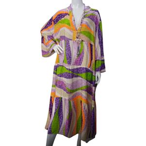Dames Lange Jurk in grote maten onesize 46-52 paars/oranje/groen