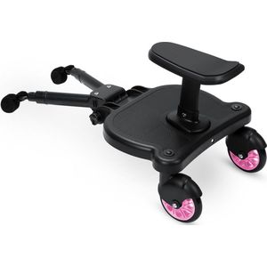 Meerijdplankje Universeel - Meerijdplankje met zitje voor aan de kinderwagen of buggy - Dubbele stevige wielen - Extra stabiel - Verstelbaar - Roze