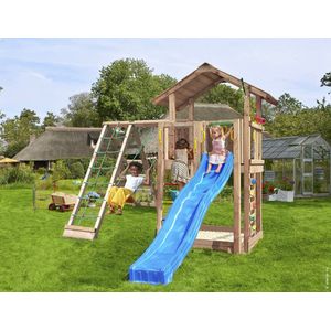 Jungle Gym speeltoestel van douglas hout - Jungle Chalet met blauwe glijbaan - Tuin speeltoestel voor buiten met zandbak, schommel en klimnet