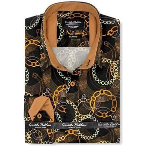 Heren Overhemd - Slim Fit - Colored Bouquet Satijn - Zwart - Maat XL