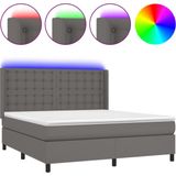 vidaXL - Boxspring - met - matras - en - LED - kunstleer - grijs - 180x200 - cm