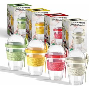 Set van 2 mueslibekers To Go yoghurthouder, fruithouder, slabeker, reisbeker, lunchbox BPA-vrij (groen + gele beker)