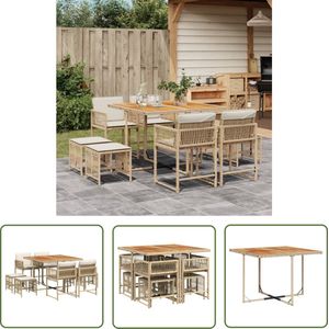 The Living Store 9-delige Tuinset met kussens poly rattan beige - Tuinmeubles - Buitendecoratie - Lounge Set - Eetkamerset - Poly Rattan