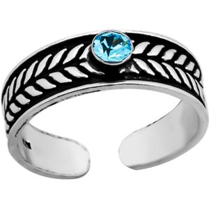 Teenringen | Zilveren teenring, geoxideerd zilveren bandje met bladdesign en blauwe kristal