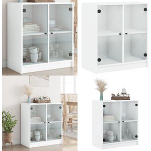 vidaXL Bijzetkast met glazen deuren 68x37x75,5 cm wit - Bijzetkast - Bijzetkastje - Bijzetkast - Accenttafel