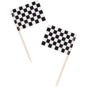 100 x Cocktail prikkers race/finish vlag 7 cm vlaggetjes decoratie - Wegwerp prikkertjes - Formule 1/autoracen thema