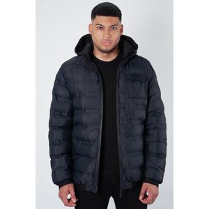 SOUL STAR MENS QUILTED HOODED JACKET - Padded bubble puffer warm Bomber Jacket Black - Maat XXL