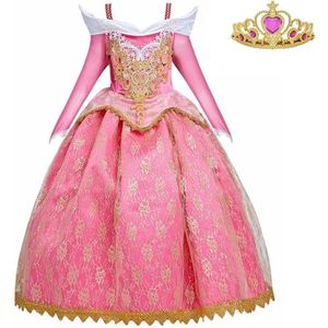 Doornroosje jurk Prinsessen jurk Royal Queen Deluxe 134-140 (140) roze goud + kroon verkleedjurk verkleedkleding