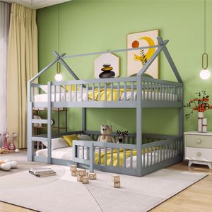 Sweiko Kinderbed Stapelbed 140*200cm, Kinderfamiliebed, Stapelbed met trap, Loft ontwerp, Massief houten Stapelbed, Grijs