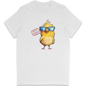Heren en Dames T Shirt - Grappige Cartoon Kuiken 'Hey There' - Wit - 3XL