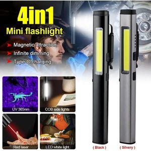 Zaklamp met laser - Penlamp - UV - Magnetische houder - Waterdichte zaklamp - Mini USB-oplaadfunctie - Oplaadbare LED-zaklamp - 4 functies - Buitenzaklamp