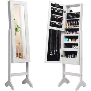 COSTWAY 18 LED's Sieradenkast, Vloerstaand Ontwerp, Verstelbare Hoek, Zachte Verlichting, Helder Glas Spiegel over de volle lengte, Stevige Bouw, Krachtige Opslag organisator voor de Verzameling van Alle Soorten Sieraden
