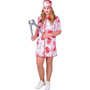 Magic By Freddy's - Halloween Kostuum - Niet Al Te Zachtzinnige Ziekenhuis Verpleegster - Meisje - Rood, Wit / Beige - Maat 128 - Halloween - Verkleedkleding
