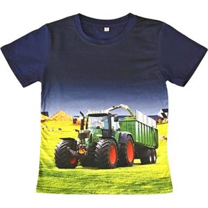 T-shirt met tractor + trailer, groene trekker, blauw, full colour print, kids, kinder, maat 92, stoer, mooie kwaliteit!