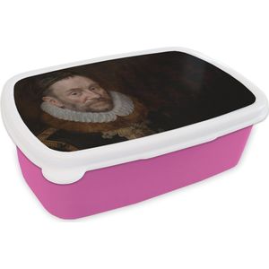 Broodtrommel Roze - Lunchbox Willem van Oranje - Schilderij - Oude meesters - Kunst - Brooddoos 18x12x6 cm - Brood lunch box - Broodtrommels voor kinderen en volwassenen