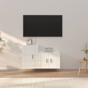 The Living Store Televisiekastenset - Houten TV-meubel - Hoogglans wit - 57 x 34.5 x 40 cm en 40 x 34.5 x 60 cm