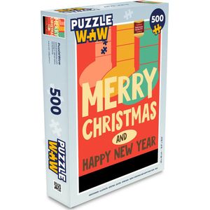 Puzzel Kerstsokken - Illustratie - Kerstmis - Quotes - Spreuken - Merry Christmas and Happy New Year - Rood - Legpuzzel - Puzzel 500 stukjes - Kerst - Cadeau - Kerstcadeau voor mannen, vrouwen en kinderen