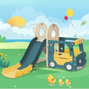 4-in-1 glijbaanset voor kinderen met bus/glijbaan/activiteitsladder basketbalring en basketbal - Veilige HDPE-kunststof glijbaan voor kinderen vanaf 3 jaar green
