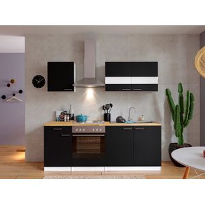 Goedkope keuken 210  cm - complete keuken met apparatuur Malia  - Wit/Zwart - soft close - elektrische kookplaat  - afzuigkap - oven  - spoelbak