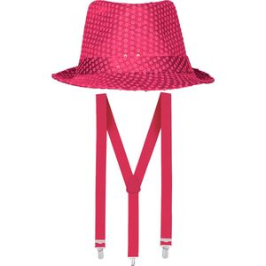 Toppers in concert - Carnaval verkleed set - hoedje en bretels - fuchsia roze - dames/heren