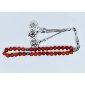 Handgemaakte tesbih klassiek - ""Tasbih"" natuursteen ""Rood Agaat"" - Aantal kralen 33 - Diameter kralen 8 MM - met metaal tassel ""Allah muzakhrafa"" - Een mooi cadeau-idee