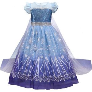 Prinses - Elsa jurk - Queen - Prinsessenjurk - Verkleedkleding - Feestjurk - Sprookjesjurk - Blauw - Maat 134/140 (8/9 jaar)