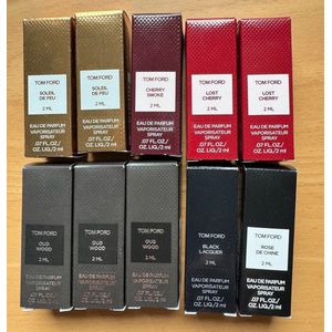 Tom Ford Set of 10 Samples Eau De Parfum 10 x 2ml Oud Wood, Soleil De Feu, Rose De Chine, Lost Cherry, Black Lacquer, Black Lacquer
