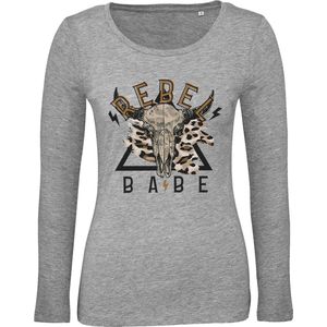 B & C - Dames T Shirt Rebel  - Lange Mouw - Grijs - Maat XL