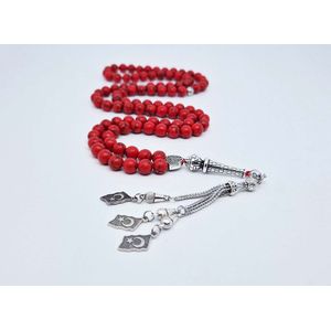 Handgemaakte tesbih ""Tasbih"" natuursteen ""Rode howliet"" - Aantal kralen 99 - Diameter kralen 8MM - met metaal tassel ""Turkiye"" - Een mooi cadeau-idee