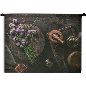 Wandkleed Bieslook  - Verse bieslook op een keuken Wandkleed katoen 90x67 cm - Wandtapijt met foto