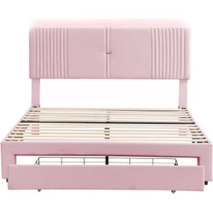 Gotagee Gestoffeerd bed 160 x 200 cm, tweepersoonsbed met lichtbalk en USB-aansluiting, rugleuning en lade, fluwelen stof, geschikt voor volwassenen en tieners, roze(zonder matras)