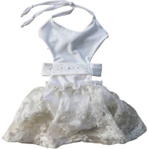 Maat 134 Luxe Badpak Monokini zwemkleding Wit met steentjes badkleding tule rok voor baby en kind zwem kleding