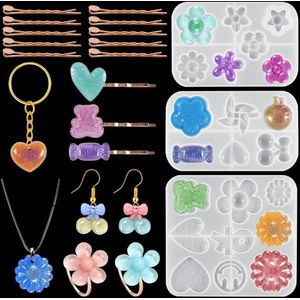 3Pcs bloem Haarspeld Hars Mold 10 pcs Metalen Haar Pin Hart Epoxy Casting Sieraden Mold Voor DIY Hanger Sieraden Maken (Silicone Molds)