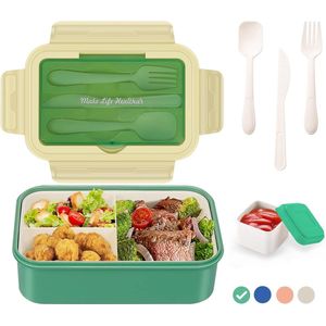 Bento Box Lunchbox, broodtrommel voor volwassenen, 1400 ml, met 3 vakken voor kinderen, incl. bestek, snackbox voor magnetrons en vaatwassers, school, werk, picknick, reizen, BPA-vrij (groen +